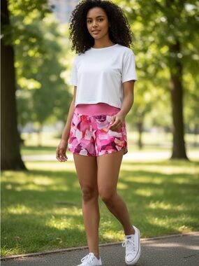 ATHLETA Run With It Shorts Pink Floral Printed Energy Coral Upf 50+ Size Medium